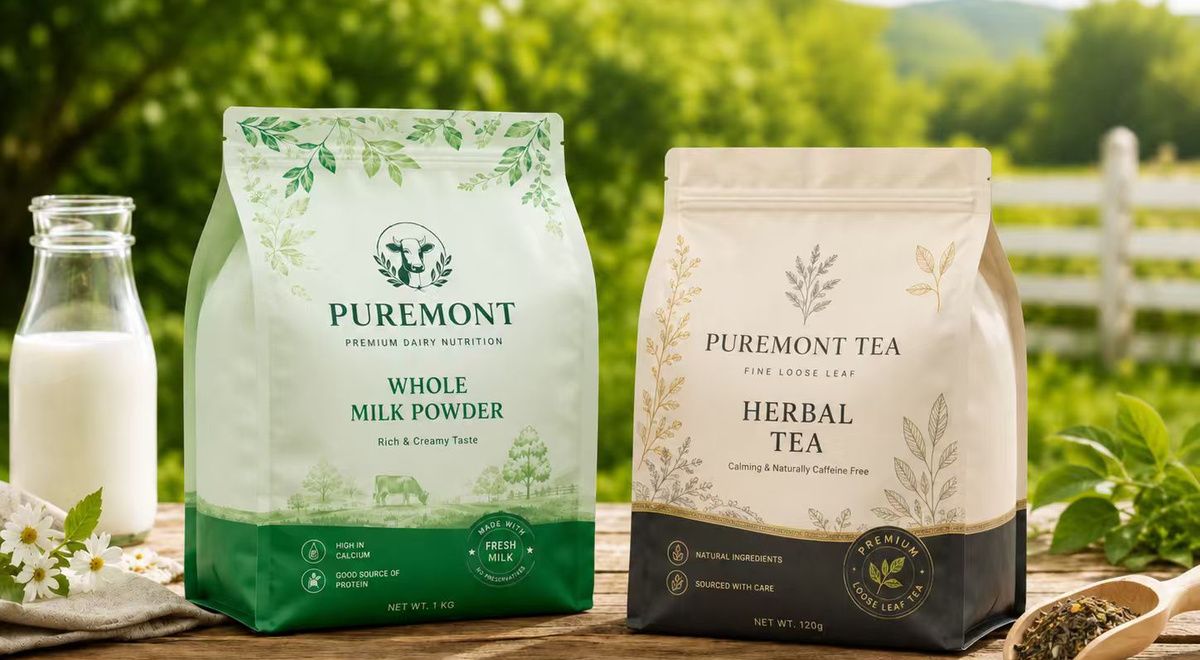 Custom flat bottom bags for milk powder and tea — premium printed pouches by Flexpouch Pack